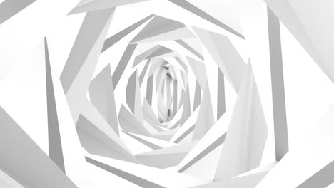 a white, minimalistic, looped background of irregularly shaped rotating figures creating the appearance of mutating steps. unusual architectural abstraction. 3d rendering, 3d illustration.