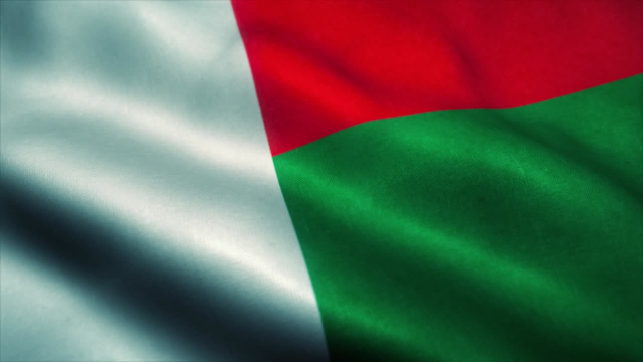 Bandiera del Madagascar che sventola al vento. Bandiera nazionale del Madagascar. Simbolo del Madagascar animazione in loop continuo. 4K