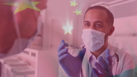 animation of flag of china over male doctor in face mask showing covid vaccine to patient