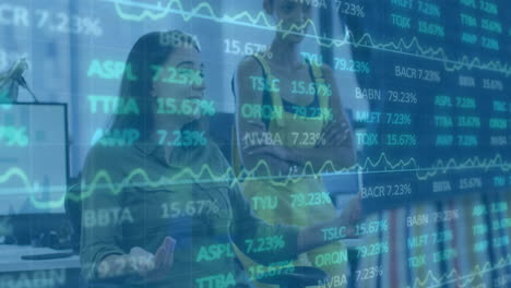 animación de datos del mercado de valores sobre personas de negocios discutiendo en la oficina
