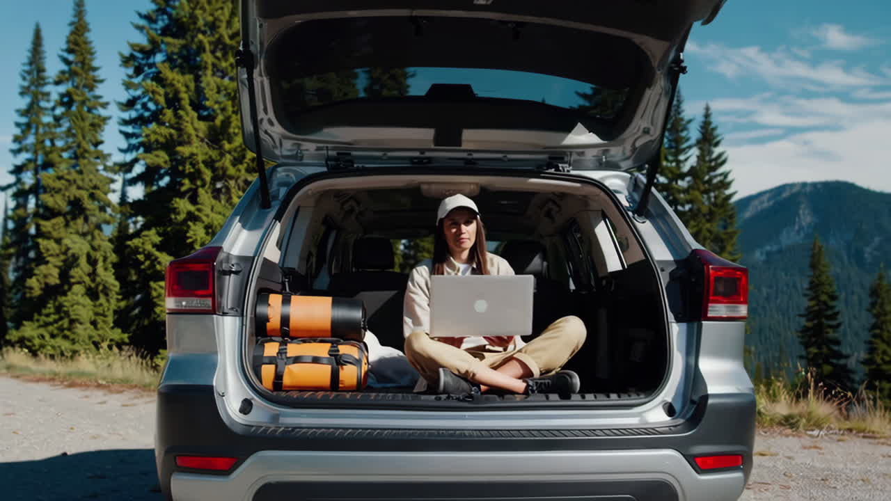 Woman Working Remotely from Car Trunk in Mountains