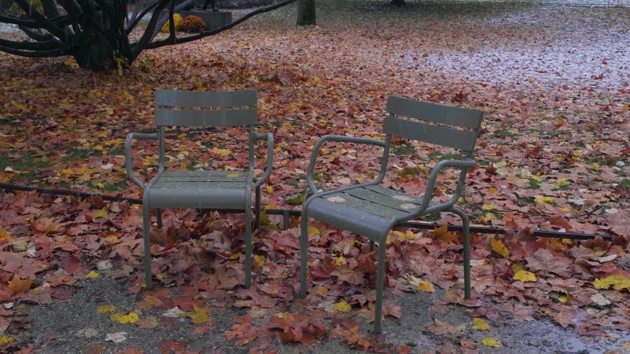 Close up of two chairs in the with snow falling on the Jardin du Luxembourg leaves