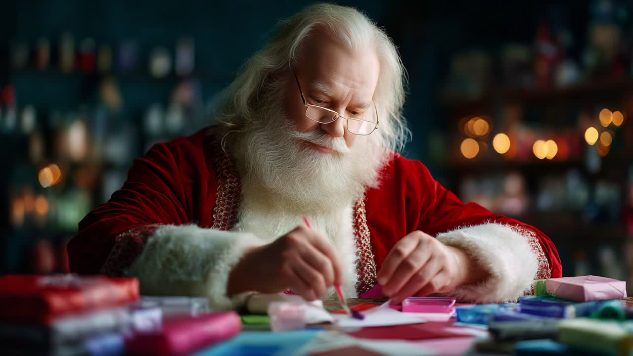 Santa Claus Engages in Festive Preparations, Carefully Wrapping Presents, Writing Cards, and Creating a Magical Holiday Atmosphere Filled With Colorful Gifts and Cheer