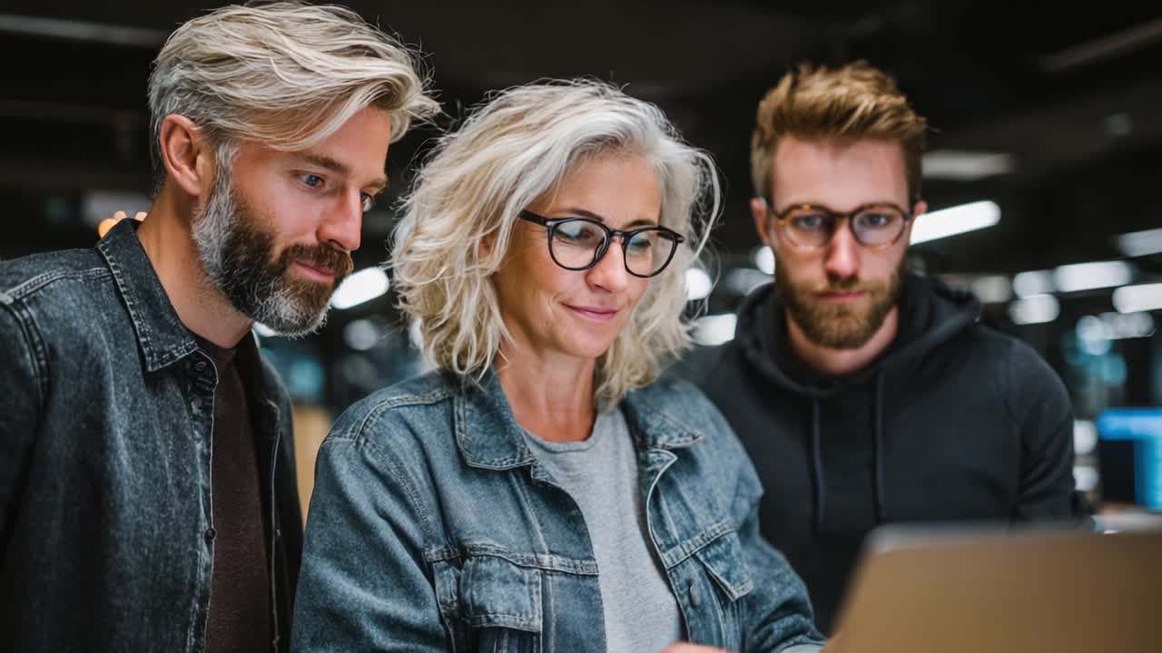 Three professionals engaging with a laptop, displaying collaboration and teamwork in a modern office setting, showcasing innovative ideas and shared knowledge during work hours