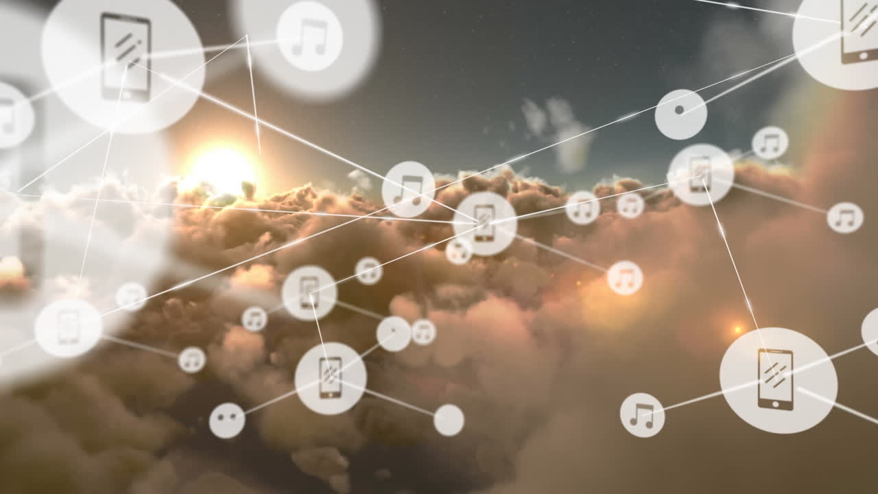 구름과 하늘 위의 아이콘으로 연결 네트워크의 애니메이션