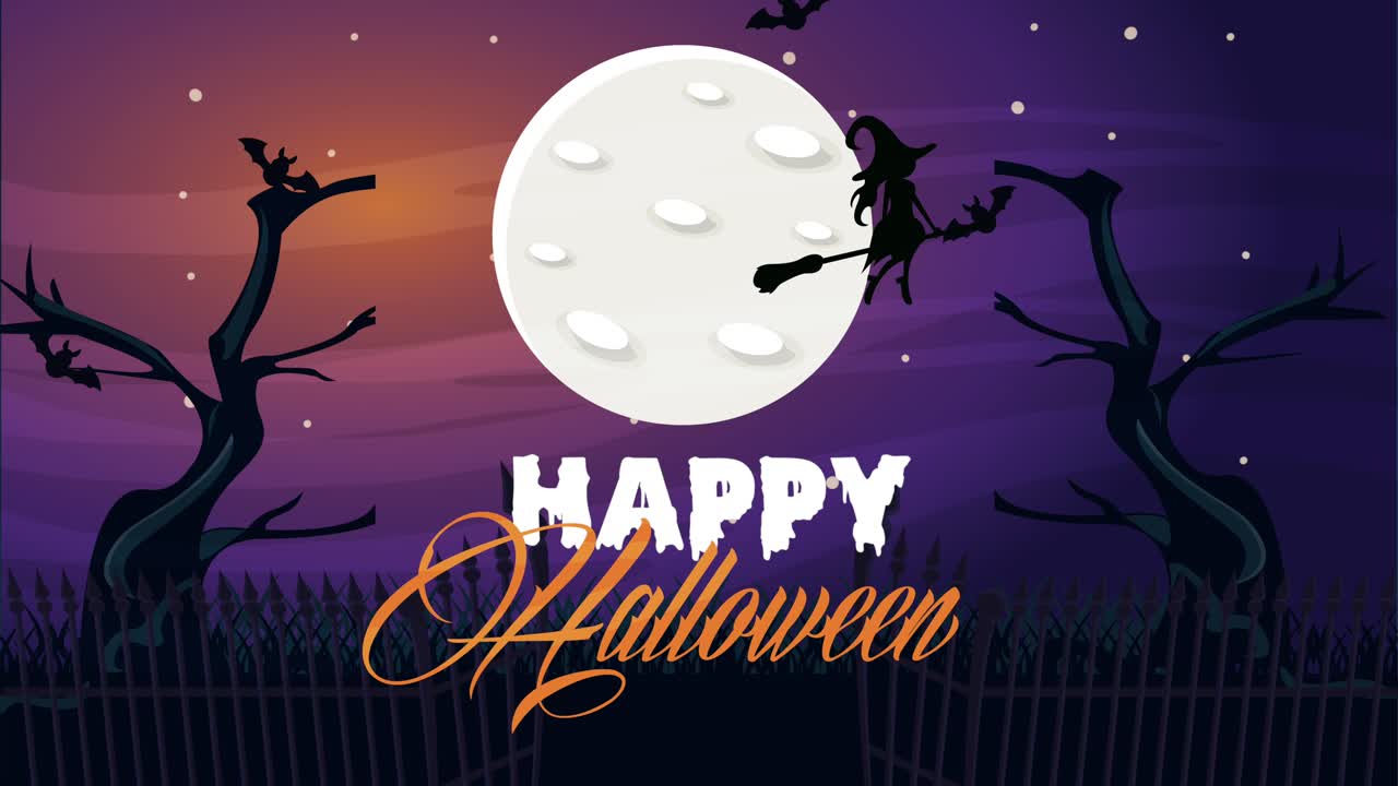 행복한 할로윈 애니메이션 장면은 마녀가 달과 글자에 날아다니는 장면입니다.