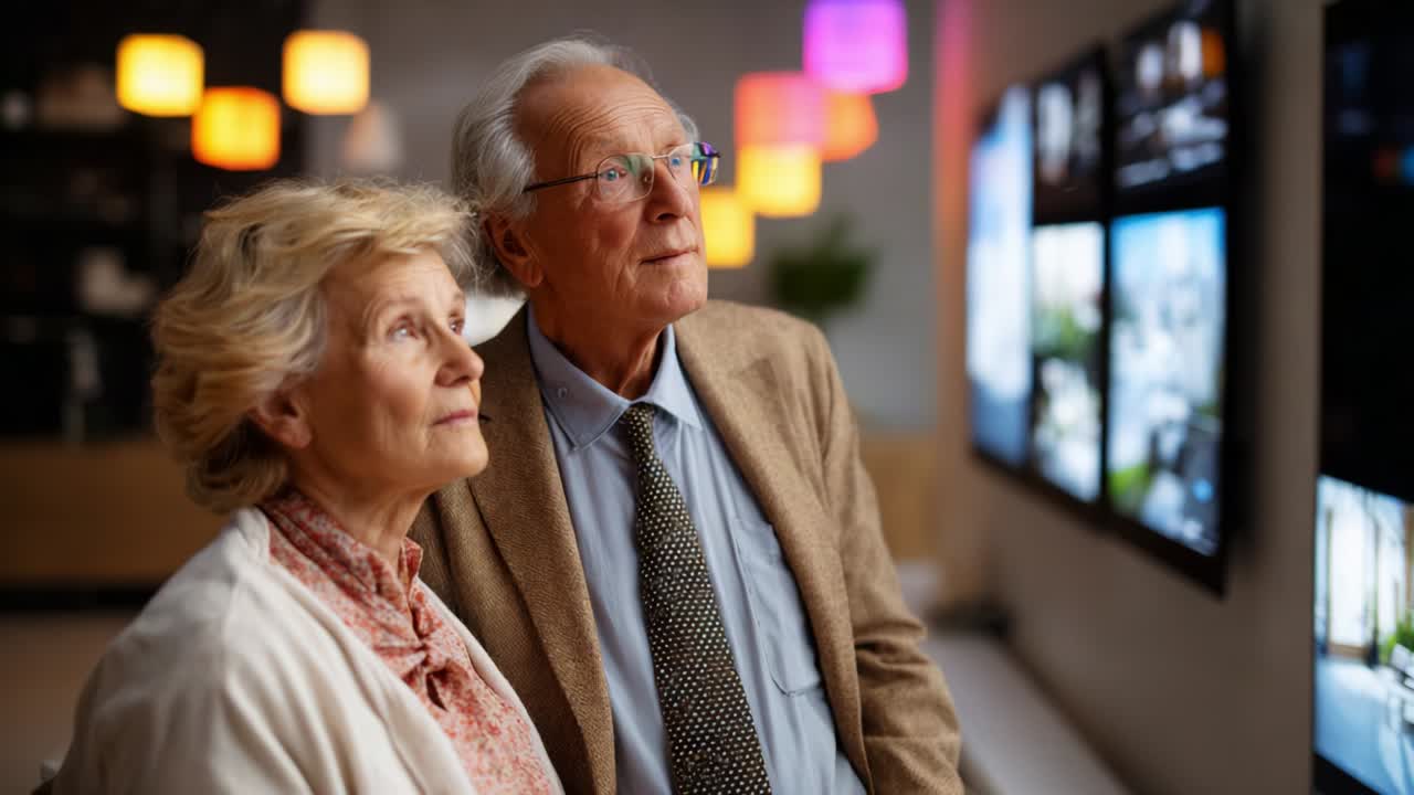 A Loving Couple Enjoying a Leisurely Moment Together: Captured in Striking Frames, They Explore Visual Narratives with Fascination and Affection Amid a Warm Atmosphere with Ambient Lighting