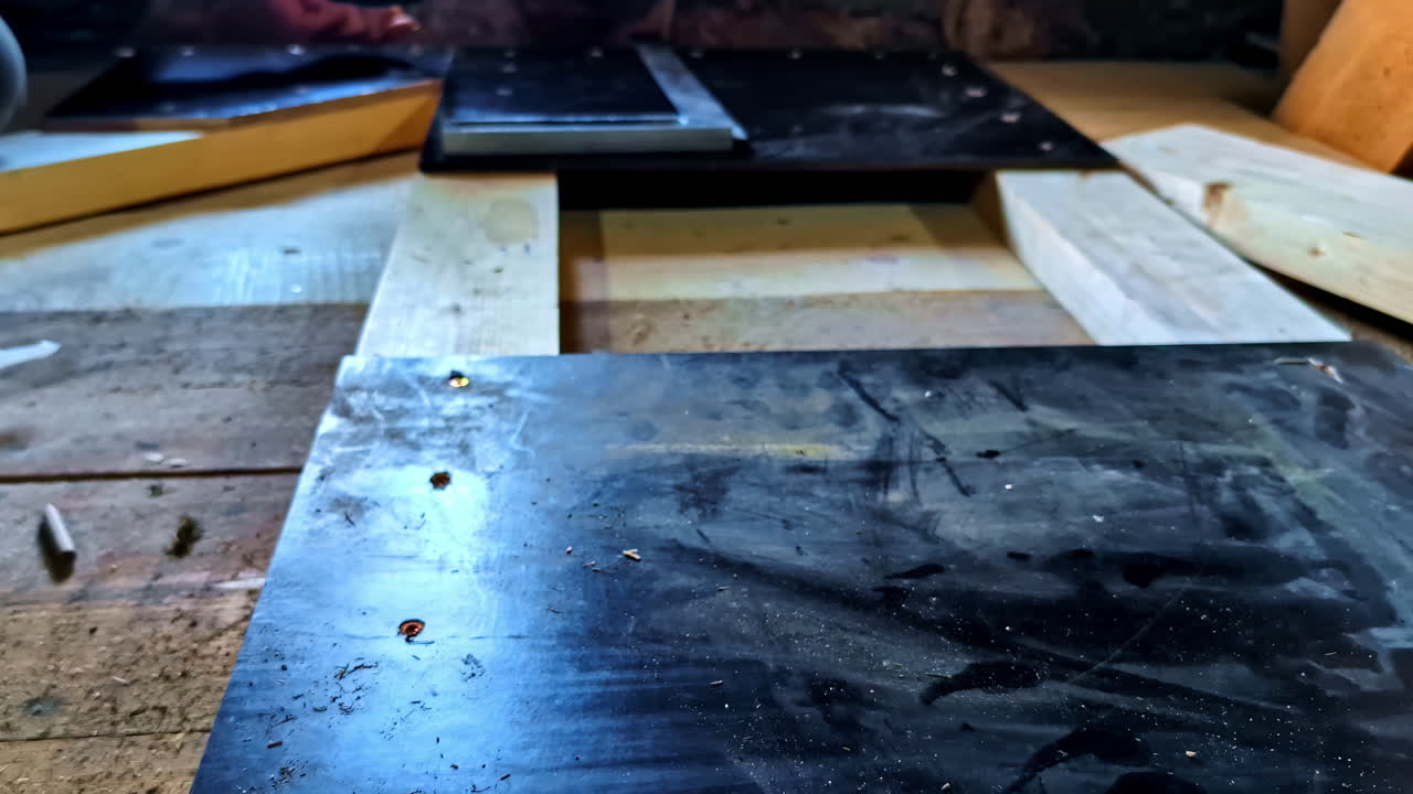 Indoor Construction Scene with Wooden Frame and Screwed Black Veneer plywood Panels