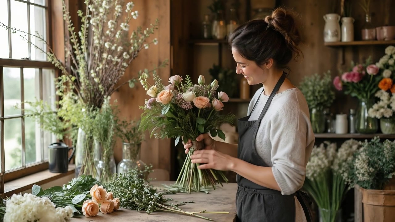 Fiorista donna che sistema con cura un bouquet di fiori in un negozio di fiori rustico.