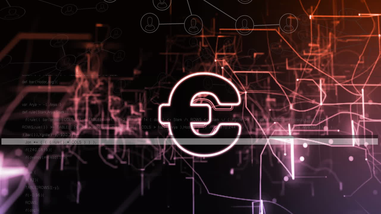 데이터 처리와 반 ⁇ 이는 빛의 흔적에 대한 유로 기호 위의 vhs 효과의 애니메이션