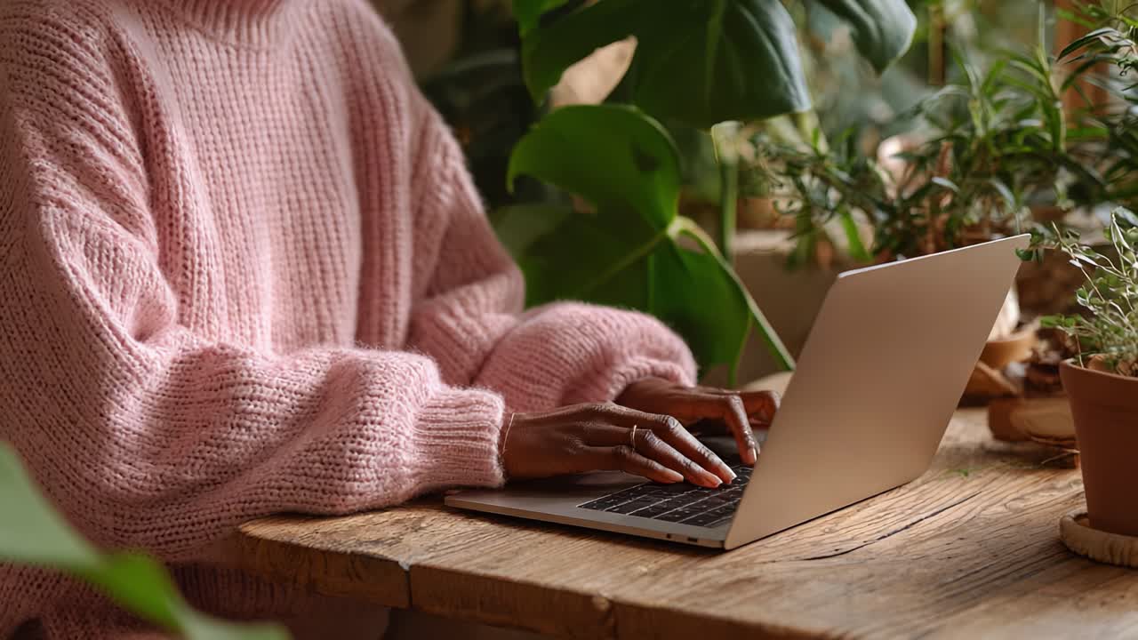 Uno spazio di lavoro accogliente: momenti coinvolgenti di produttività in un ambiente sereno e pieno di piante con una persona che indossa un morbido maglione intenta a lavorare al suo laptop