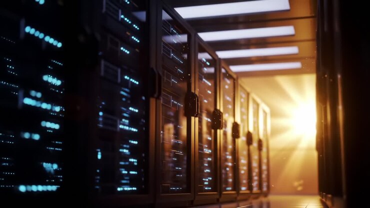 A Stunning View of Server Racks Illuminated by Dramatic Lighting in a High-Tech Data Center Environment, Showcasing Advanced Technology and Network Infrastructure