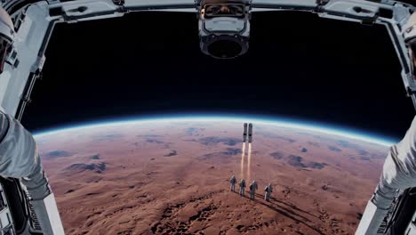 astronauts launching rocket on mars