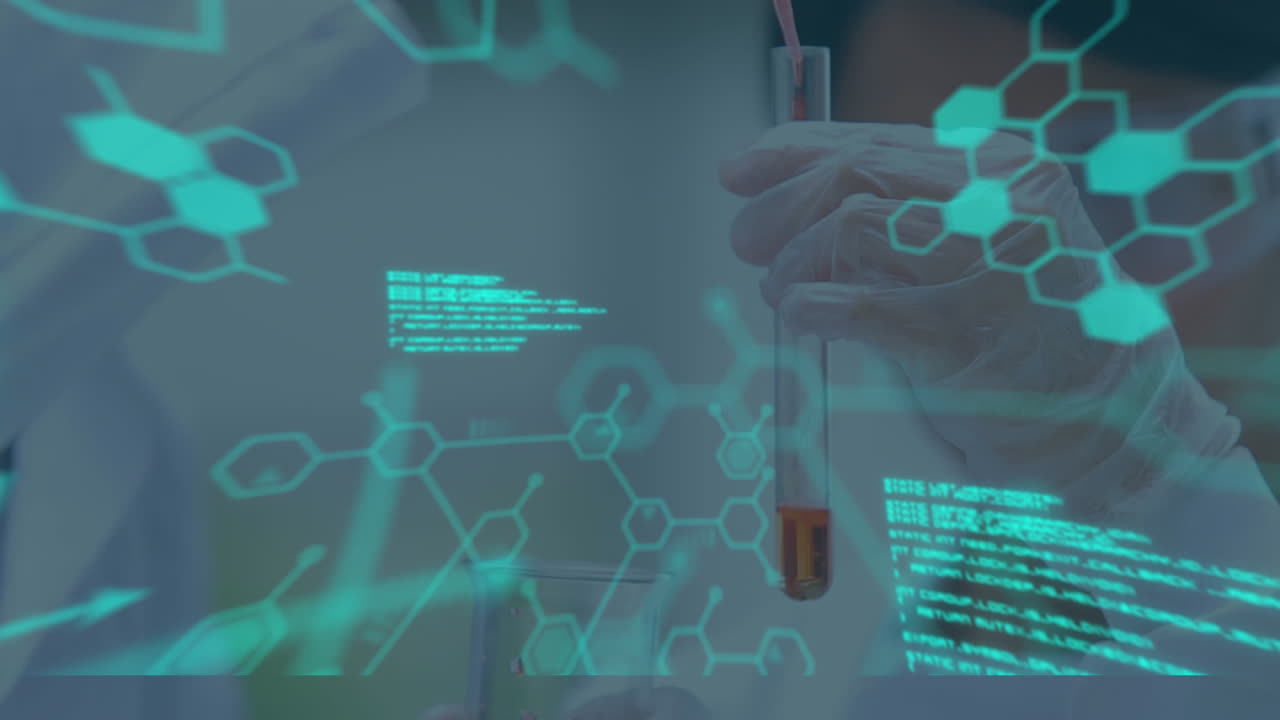 animación del procesamiento de datos científicos sobre el científico en el laboratorio