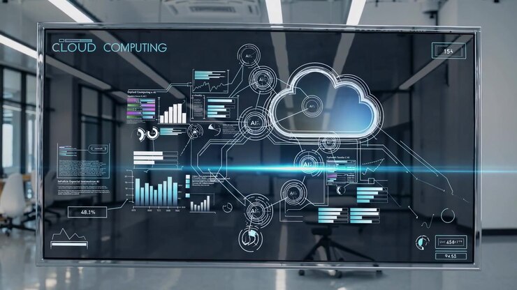 Interface Digital de Computação em Nuvem Exibindo Análise de Dados em Escritório Moderno