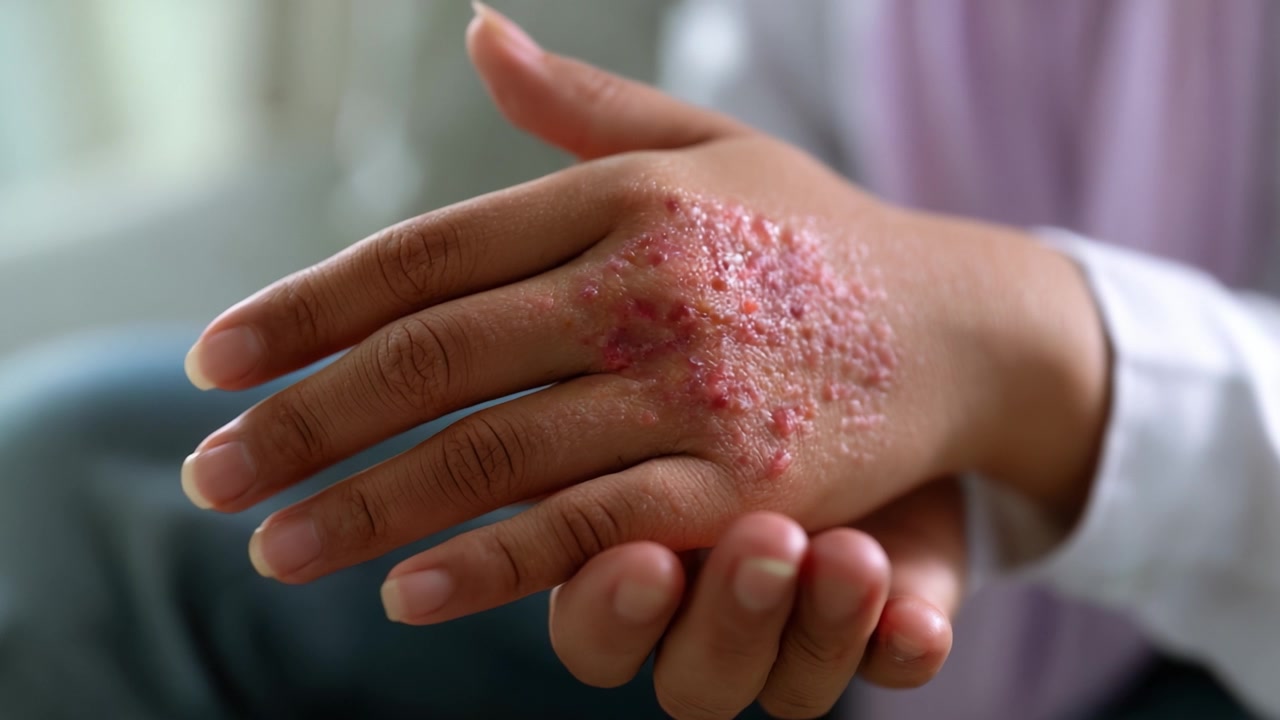 Primo piano dettagliato di una mano affetta da una condizione cutanea, che mostra sintomi di arrossamento, irritazione e lesioni cutanee che influenzano la vita quotidiana.