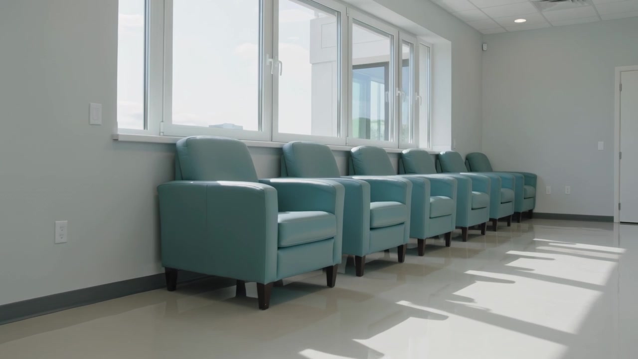 Tracking camera moving right along wall row teal chairs under windows revealing fabric sunlit floor