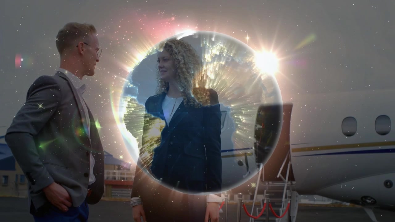 Business execs talking ramp by jet, globe emerging from right centering over woman for global reach