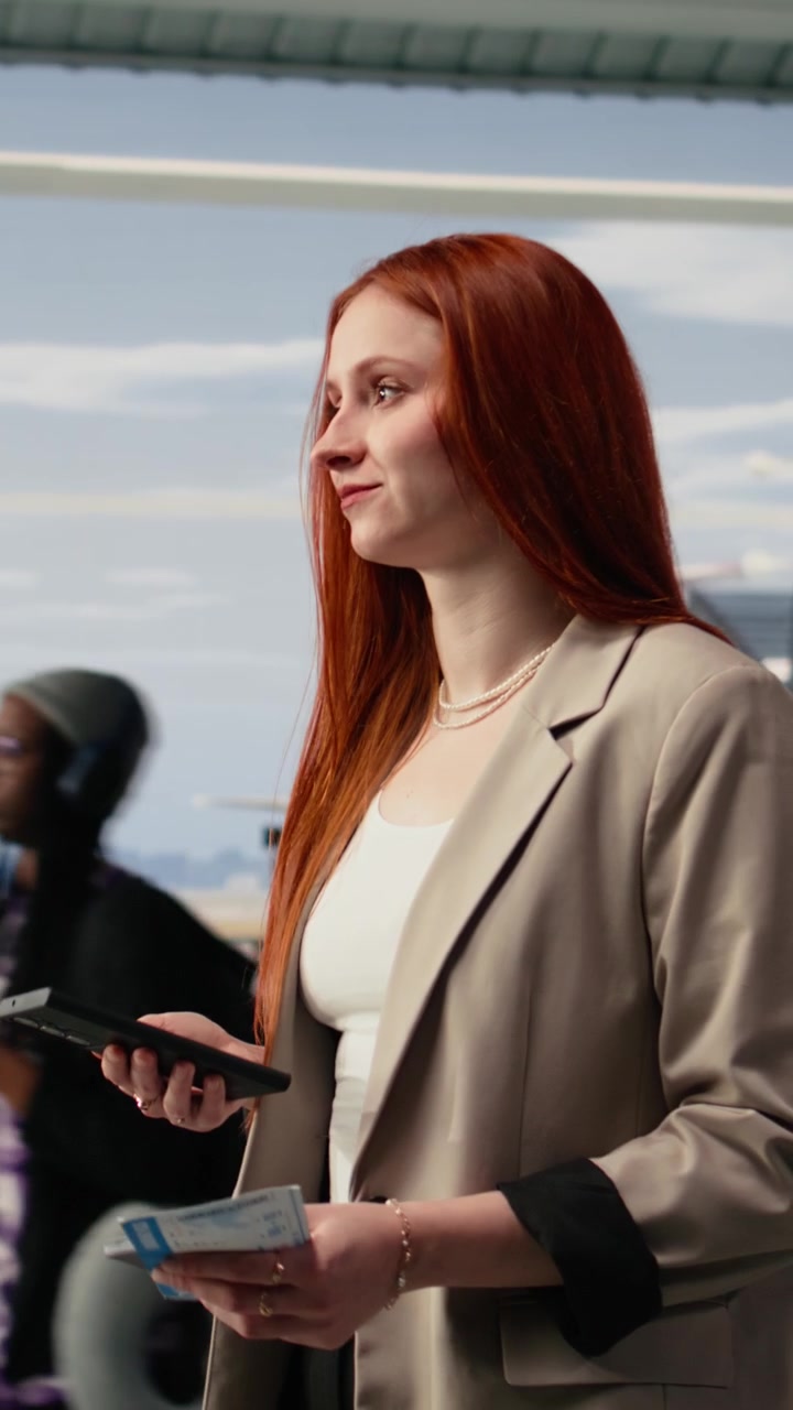 Vertical video Close up of woman walking in airport, holding phone and boarding pass