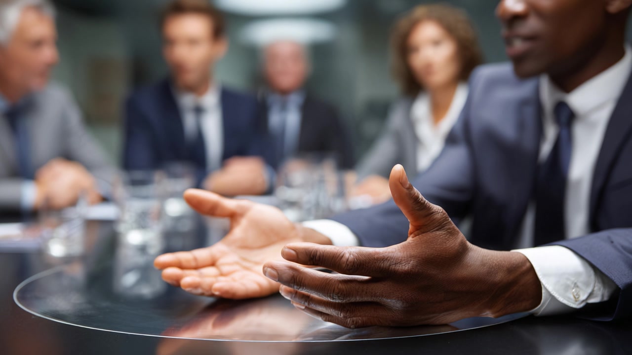 Discussione Coinvolgente Tra Professionisti: Uomo Concentrato Evidenzia Punti Chiave Durante una Riunione Strategica con Colleghi in Abbigliamento da Lavoro Intorno al Tavolo della Conferenza