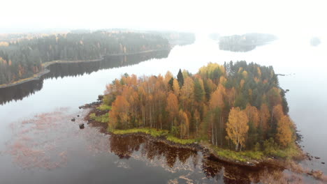 aerial, tilt down, drone shot, flying over a island, full of autumn colors,, on a foggy, misty and cloudy, fall day, at lake pielinen, in nurmes, north karelia, finland