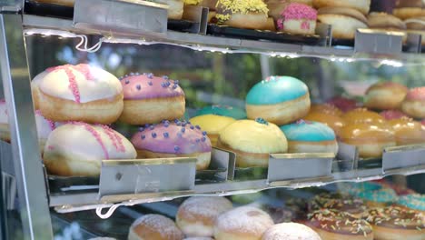 colorful donuts in a display case