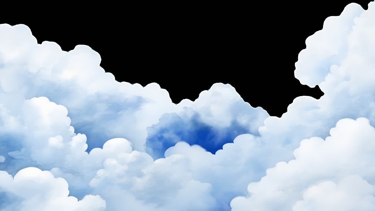 Fluffy clouds against serene sky animated overlay, transparent 4K video, alpha channel, ProRes 4444