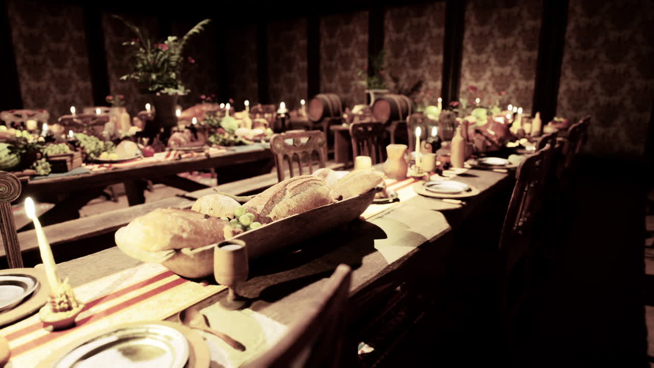 A lavish banquet spread featuring various foods and drinks in a cozy setting