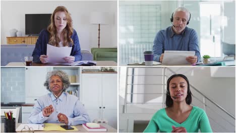 Team-of-work-colleagues-displayed-on-screens-talking-on-video-call