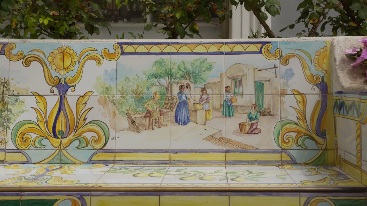 Hand-painted Tile Bench Depicting a Mediterranean Village Scene