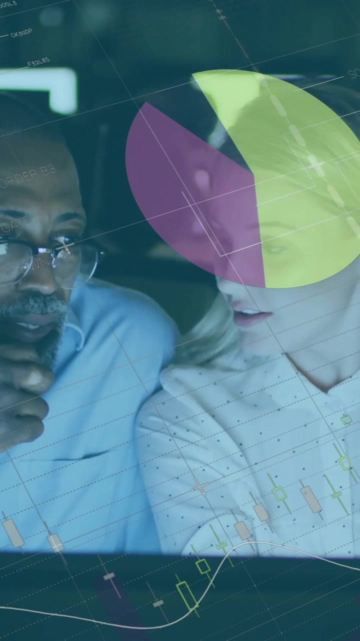 Animation of financial data processing over diverse business people in office