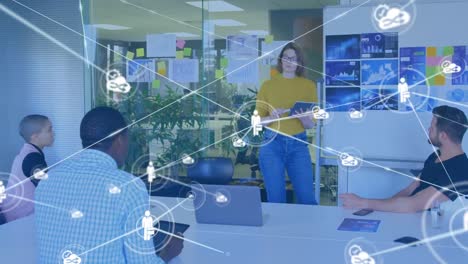 animation of network of connections over diverse business people in office