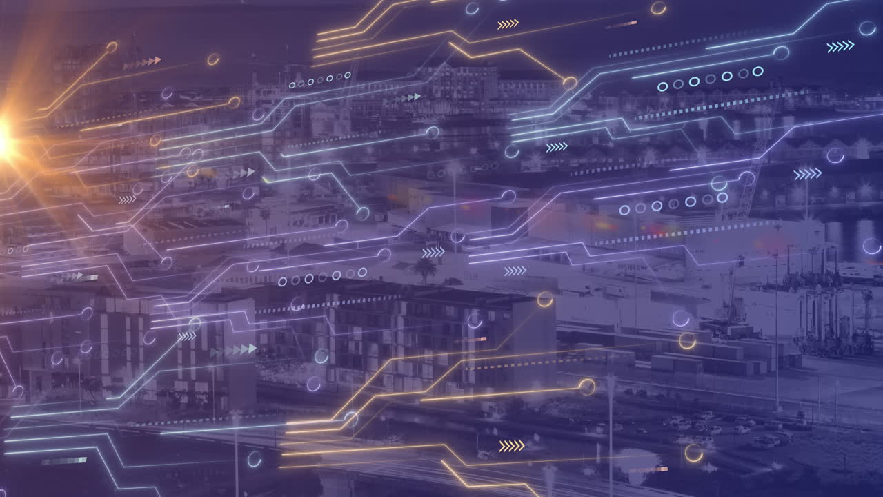 Animation of data processing, cityscape and connections
