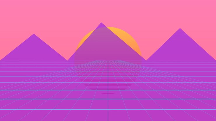Retro Synthwave Style Landscape with Mountains and Grid