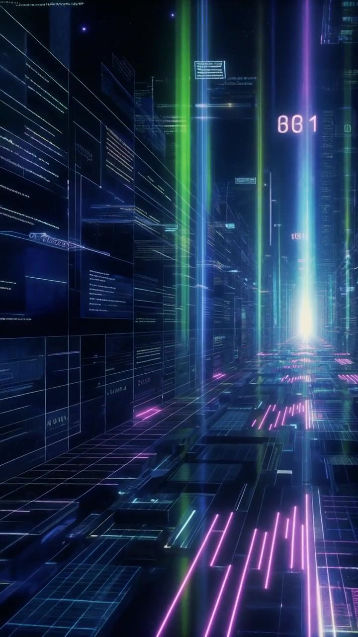 Futuristic Digital Data Tunnel with Glowing Neon Code Streams
