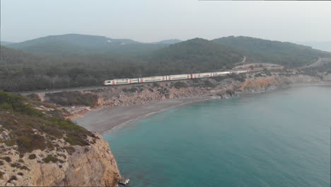 drone volador sobre la costa rocosa mientras pasa el tren