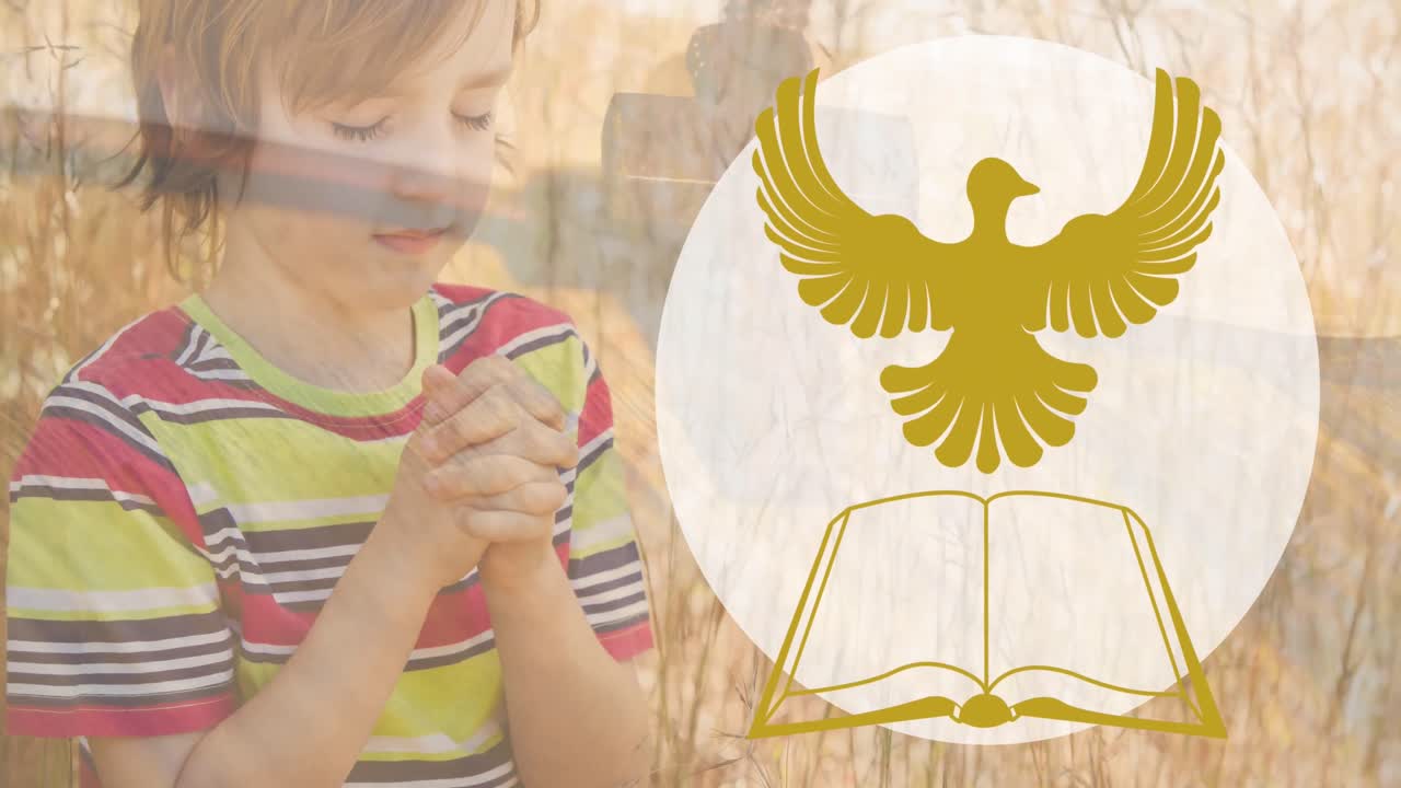 animación del icono de la biblia sobre un niño caucásico orando