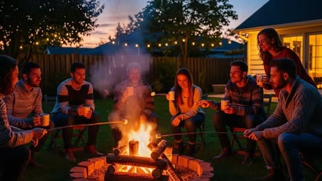 a cozy bonfire gathering with friends: enjoying laughter, s'mores, and the warm glow of firelight under a beautiful evening sky
