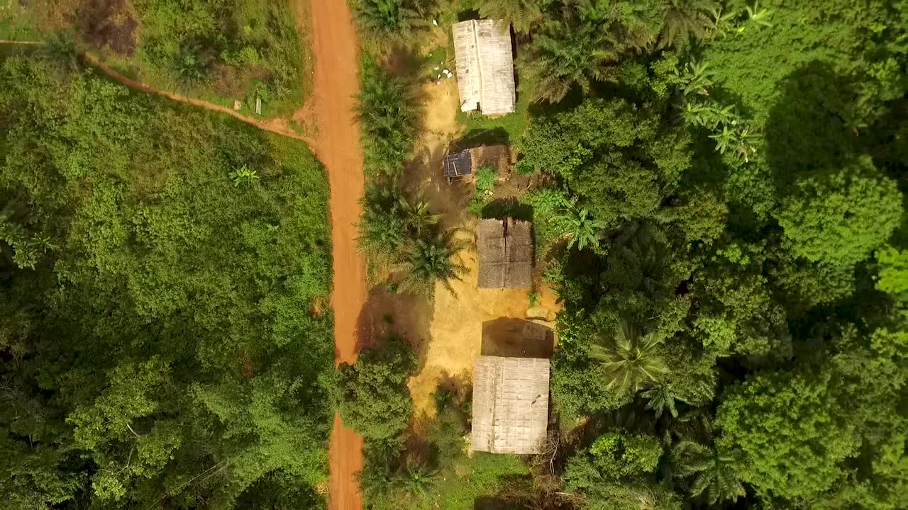 Luftfoto af huse og grusvej omgivet af frodig grøn skov i Kribi i Cameroun, Vestafrika