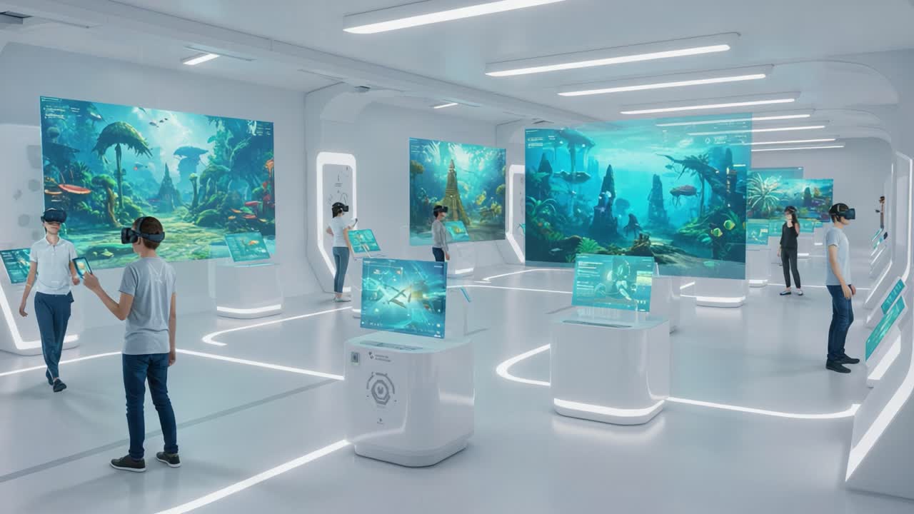 A Stunning Virtual Reality Experience in an Underwater World with Engaging Interactive Displays in a Modern, Futuristic Exhibition Space