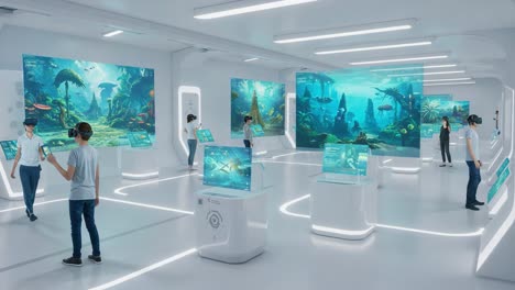 a stunning virtual reality experience in an underwater world with engaging interactive displays in a modern, futuristic exhibition space