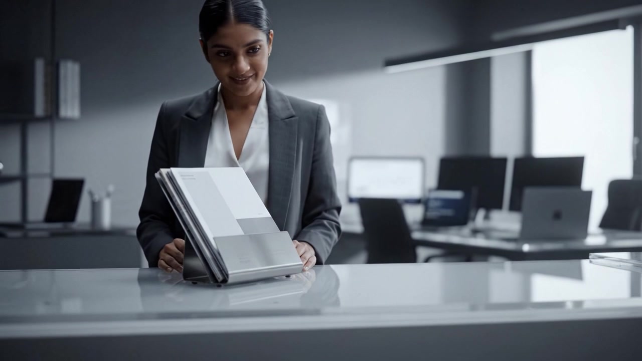In an elegant office setting, a focused businesswoman organizes her documents while standing next to a desk adorned with modern technology and minimalistic design.
