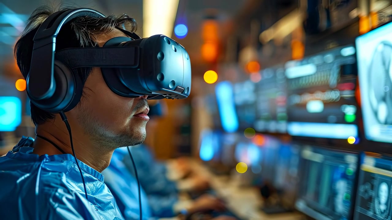 Mann med VR-hodesett analyserer data i et høyteknologisk kontrollrom. Profilbilde av en mann med VR-briller og hodetelefoner i et overvåkingssenter med flere skjermer.
