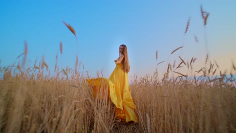 woman in yellow dress walking through a wheat field at sunset