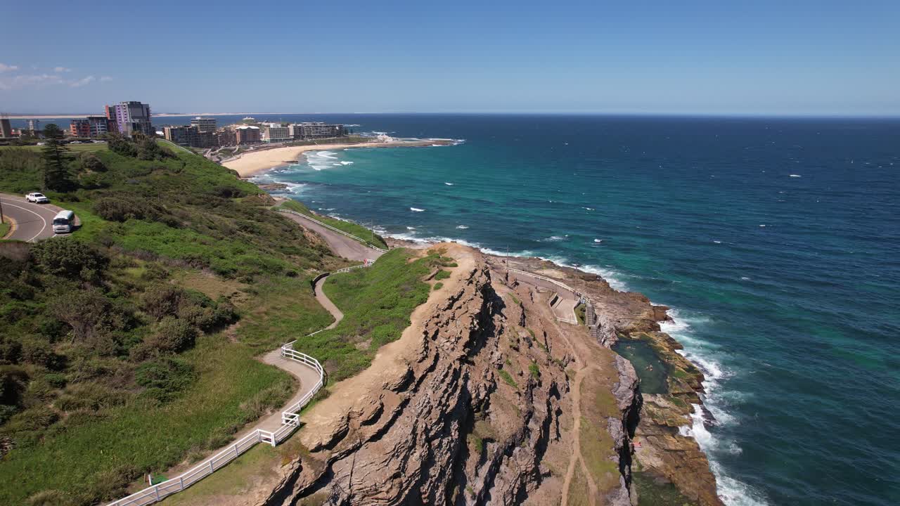 Bogey Hole Pool With Newcastle Beach In NSW, Australia - Aerial Shot
