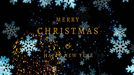 animation of snowflakes floating, fireworks exploding over merry christmas and new year text banner