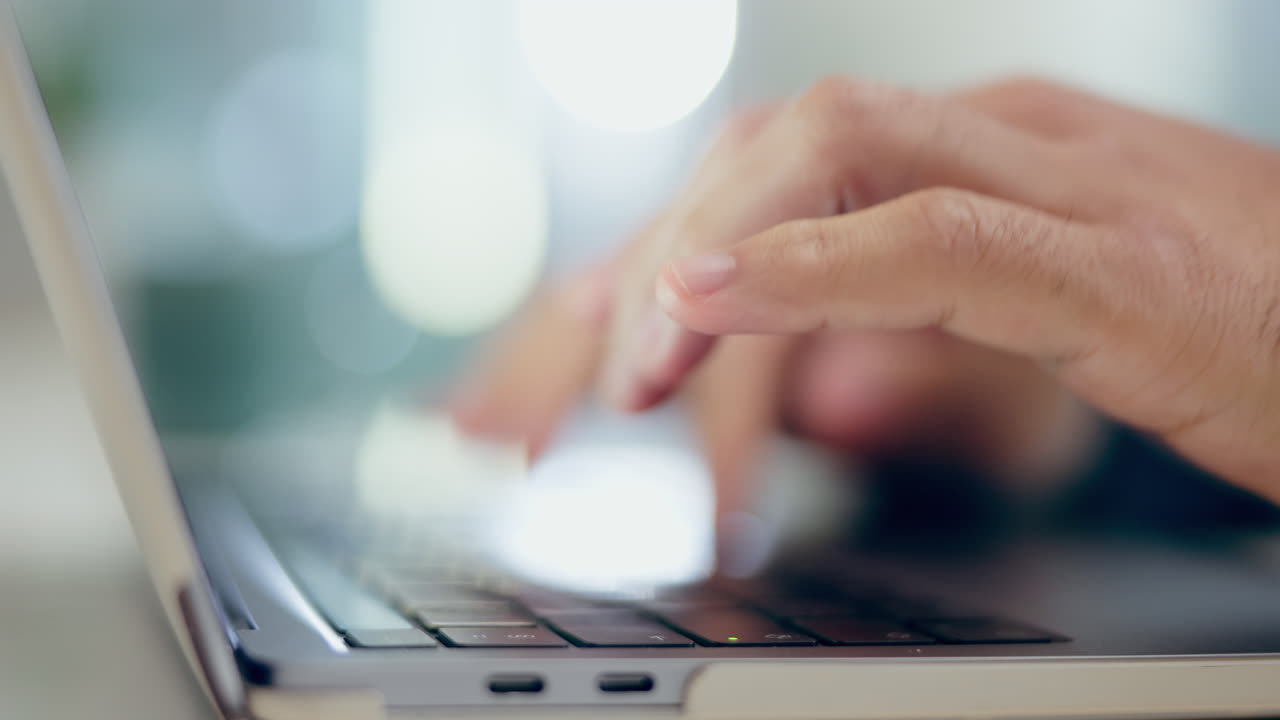 Laptop, hands typing and closeup bokeh