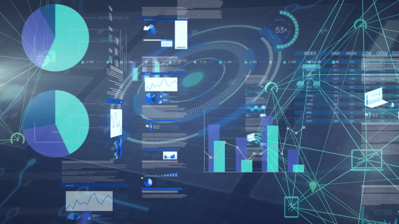 animación de la red de conexiones sobre diversos datos en la pantalla