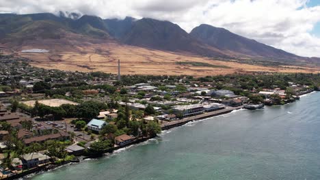 cinematic aerial shot of the historic front street lahaina, maui, hawaii