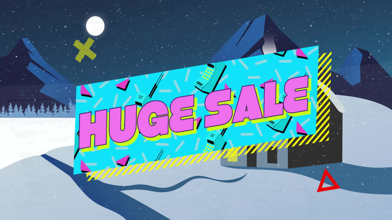 Huge sale text animation over snowy winter landscape with house and moon